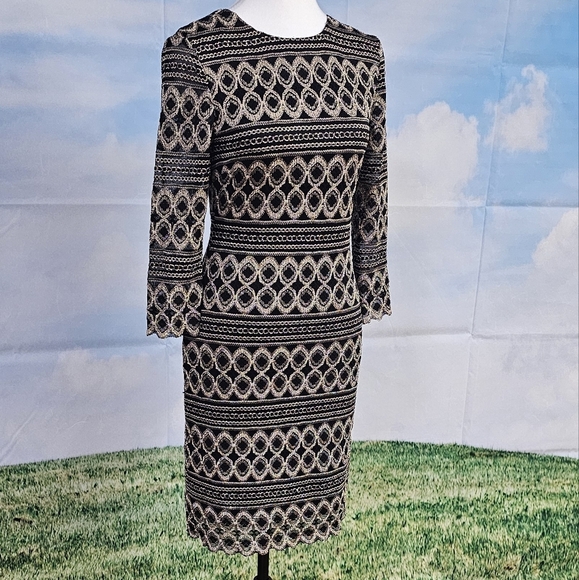 CACHE | CROCHETED LACE COCKTAIL BODYCON QUARTER SLEEVE DRESS - Picture 9 of 16